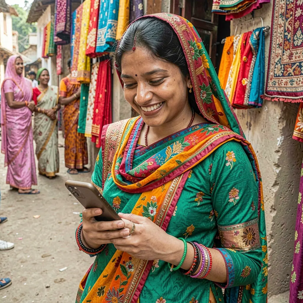 Smiling Bangladeshi woman in traditional clothing enjoying mobile casino gameplay on the 9C999 app with vibrant colors and a joyful mood