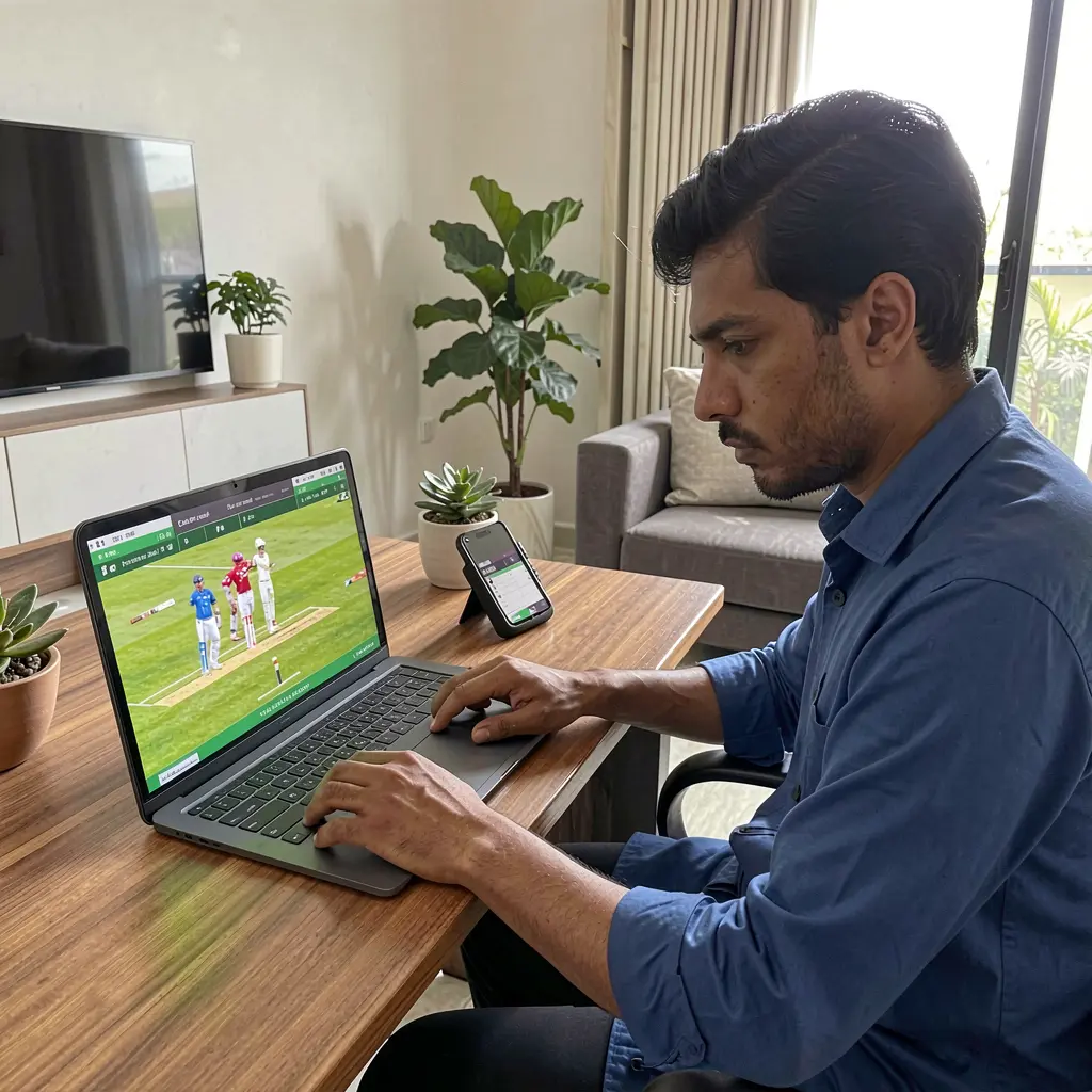 Focused Bangladeshi sports bettor analyzing live cricket odds on a laptop at home using the 9C999 betting platform