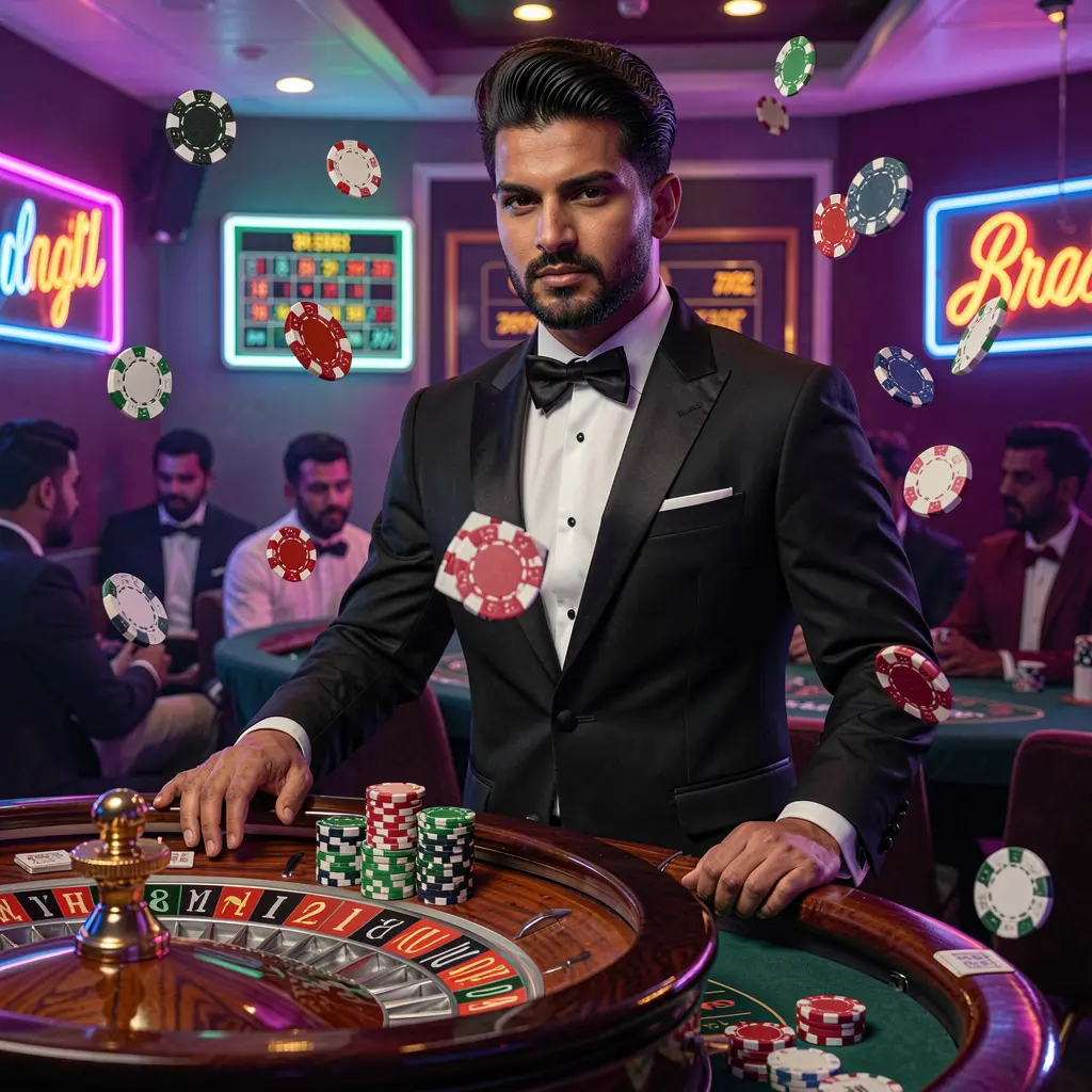 Elegant live casino dealer in a tuxedo standing by the roulette table with vibrant lights and flying chips representing the high class gaming atmosphere of 9C999 Casino in Bangladesh